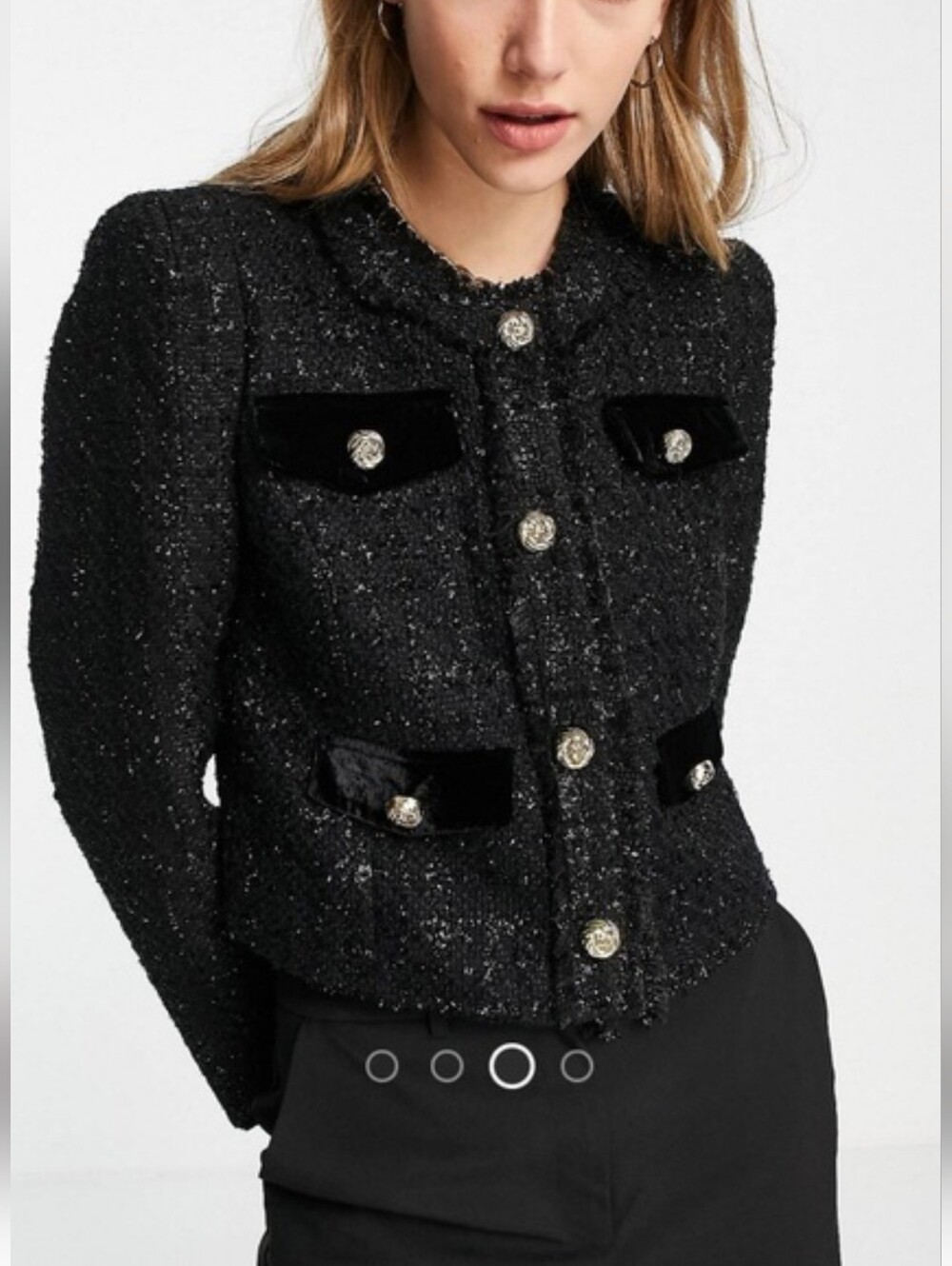 River Island Black Tweed Velvet-Trim Button Jacket NWT 😮‍💨🫰🏾❤️‍🔥